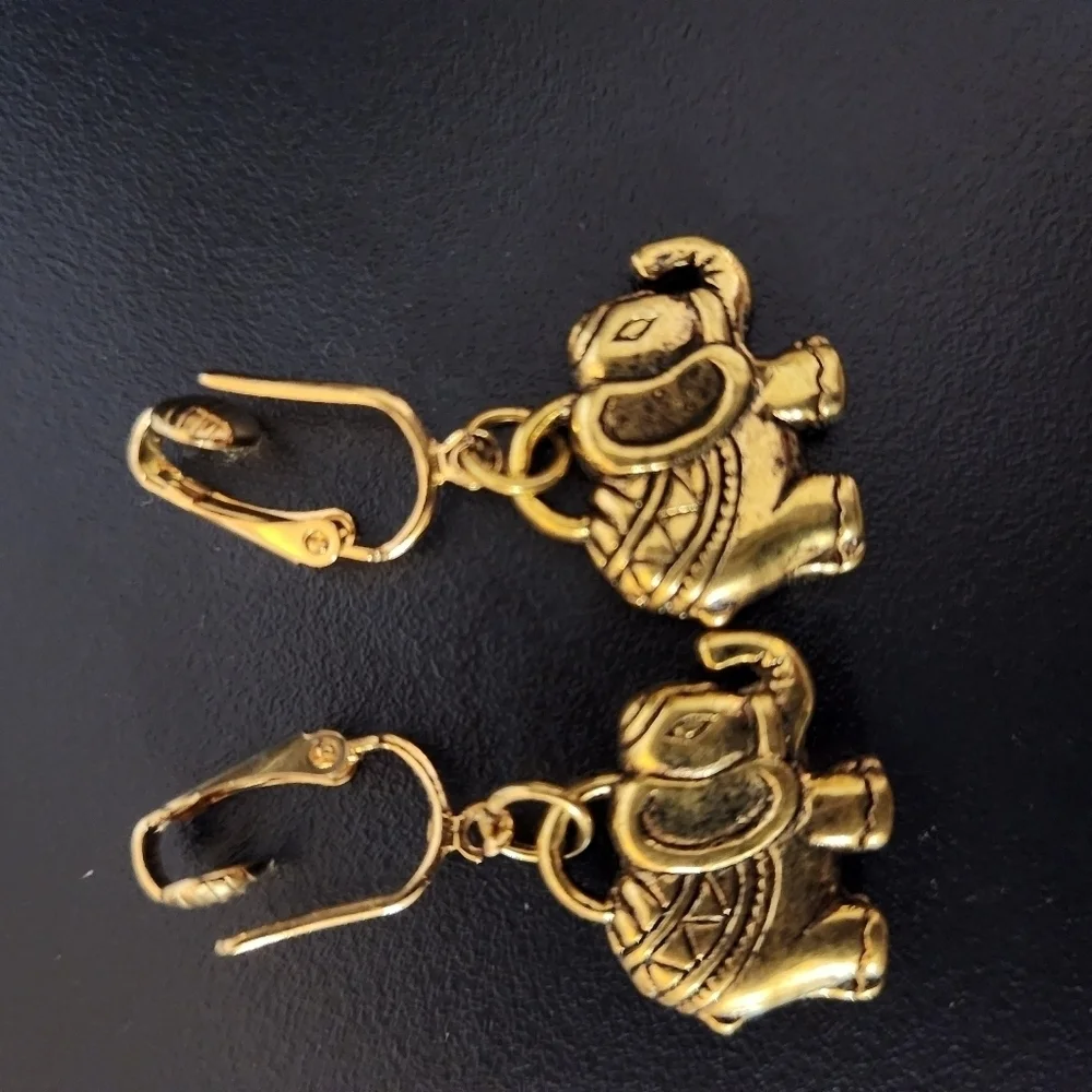 Hand Crafted Clip on Earrings Elephant Charm Antique Gold Drop Dangle